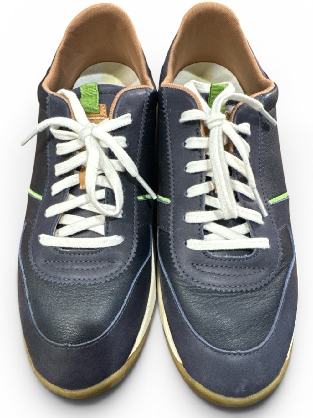 OluKai Navy and White Leather Sneakers with Green Accents